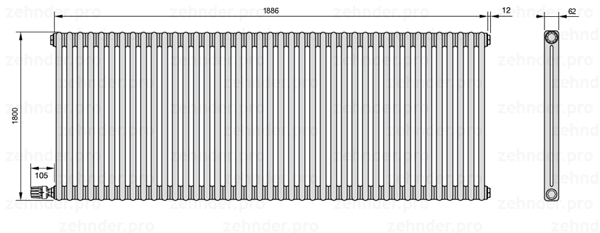 Схема (чертеж) Радиатор Zehnder Charleston 2180/41 №V004 Technoline TL